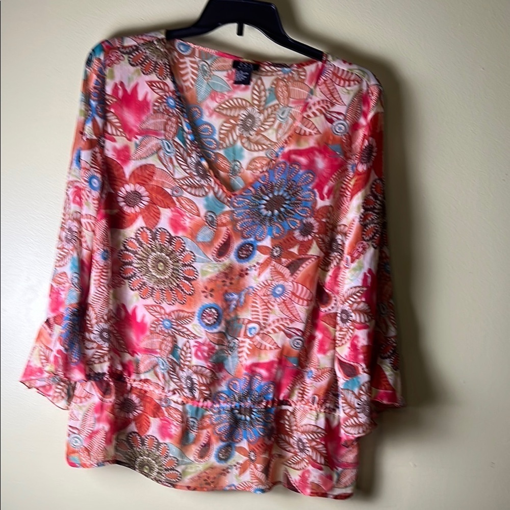 R.Q.T women sheer, Ruffle Breezy ,sleeve Floral V-Neck Women's Top
